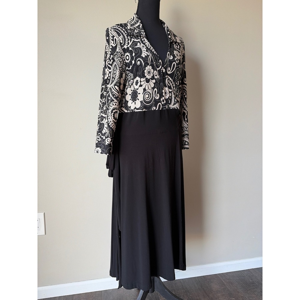 Joseph Ribkoff Paisley Floral Wrap Maxi Dress Black White Long Sleeve Size 12